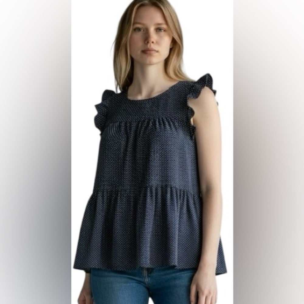Ricki's Midnight Blue Ruffle Sleeve polka dot Top, size Small